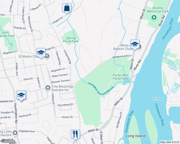 map of restaurants, bars, coffee shops, grocery stores, and more near 470 Whippoorwill Lane in Stratford