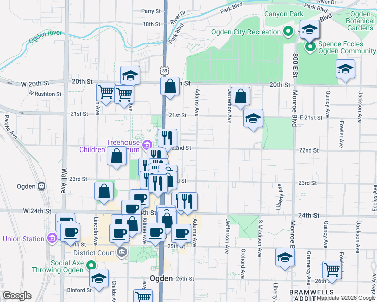map of restaurants, bars, coffee shops, grocery stores, and more near 471 East 22nd Street in Ogden