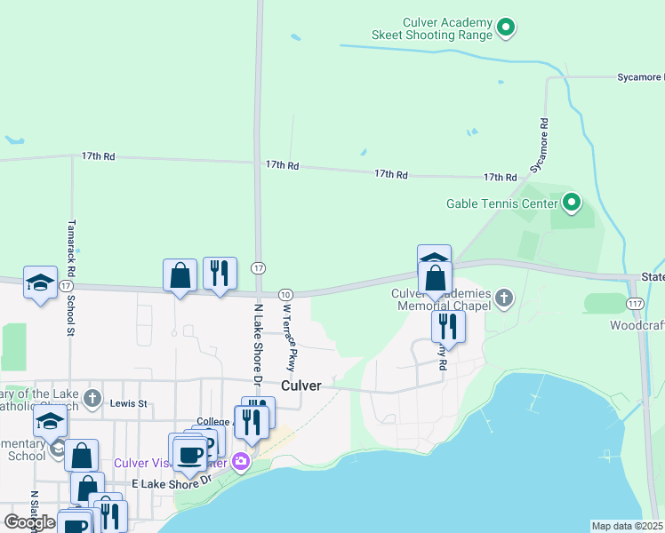 map of restaurants, bars, coffee shops, grocery stores, and more near 18280 State Road 10 in Culver