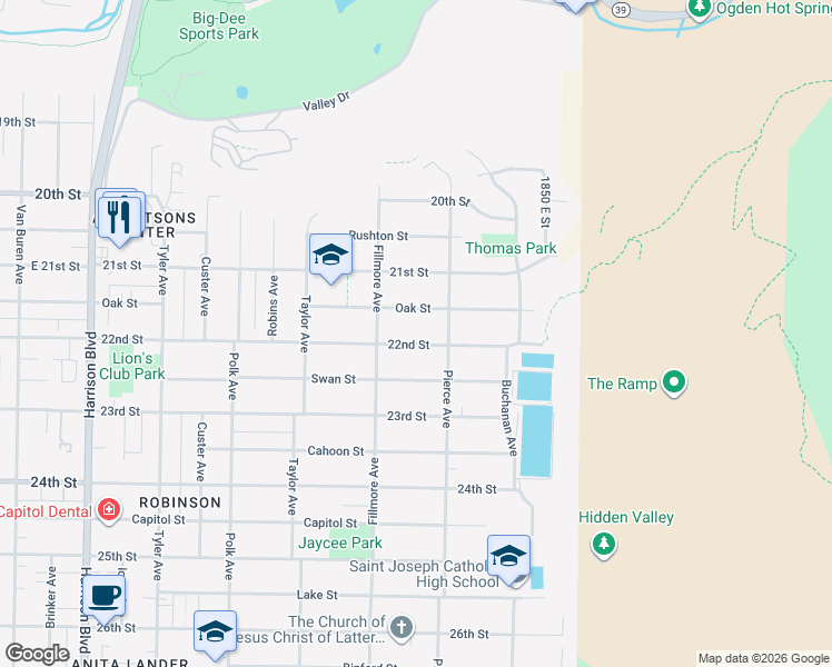 map of restaurants, bars, coffee shops, grocery stores, and more near 1648 East 22nd Street in Ogden