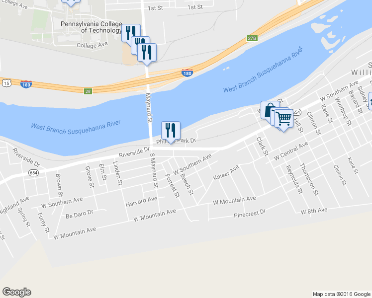 map of restaurants, bars, coffee shops, grocery stores, and more near 1727 Riverside Drive in Williamsport