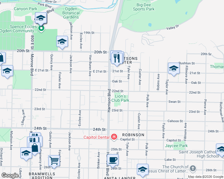 map of restaurants, bars, coffee shops, grocery stores, and more near 2158 South Harrison Boulevard in Ogden