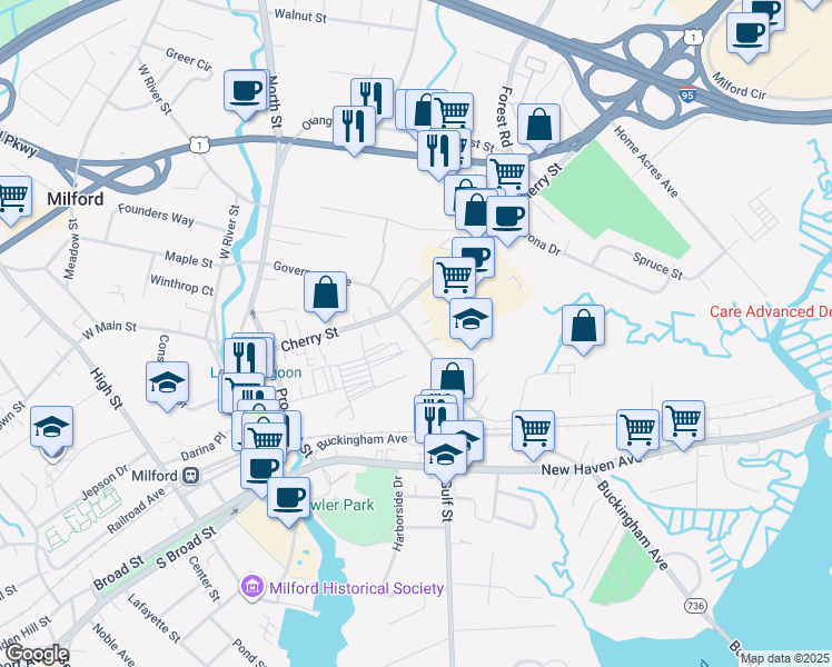 map of restaurants, bars, coffee shops, grocery stores, and more near in Milford