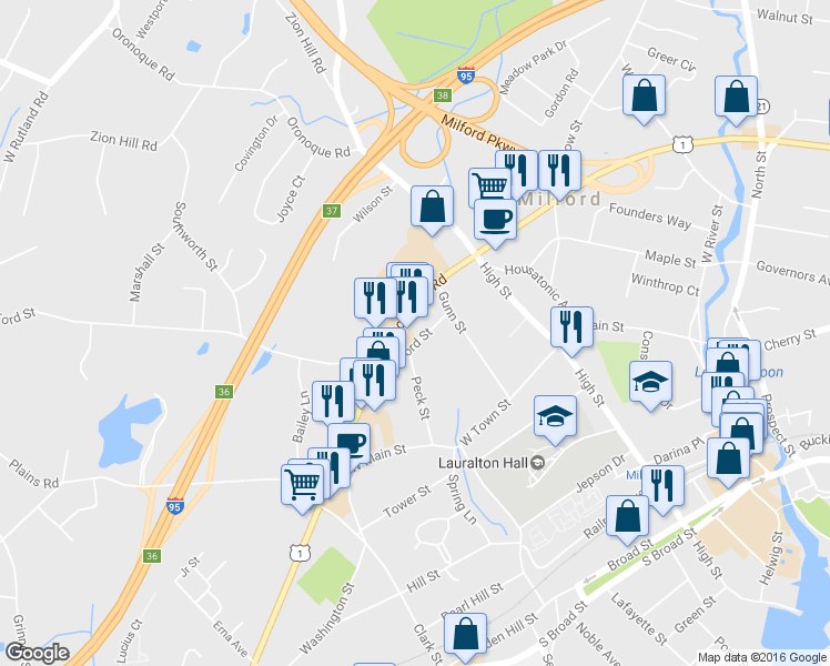 map of restaurants, bars, coffee shops, grocery stores, and more near 435 Boston Post Road in Milford