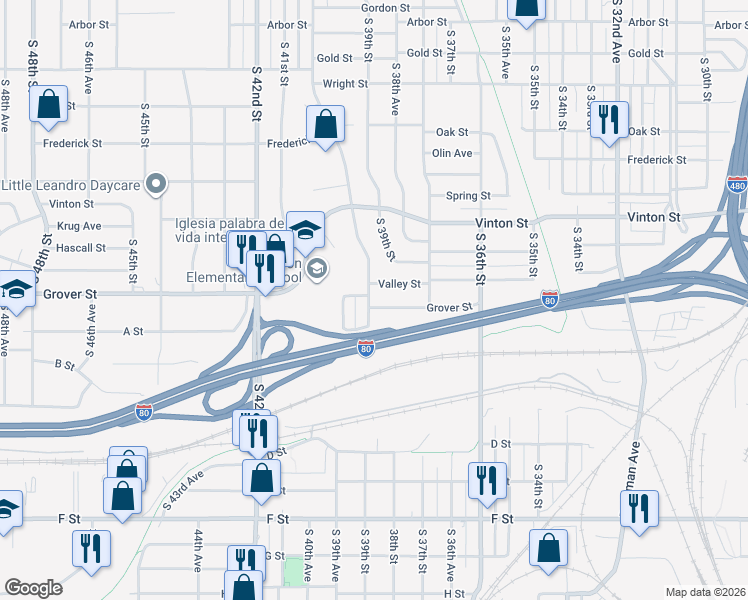 map of restaurants, bars, coffee shops, grocery stores, and more near 3260 South 40th Street in Omaha