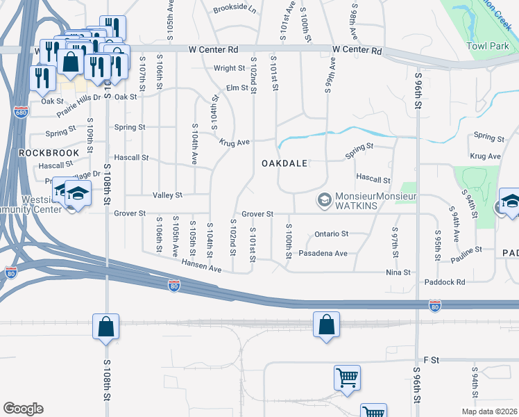 map of restaurants, bars, coffee shops, grocery stores, and more near 10116 Valley Circle in Omaha