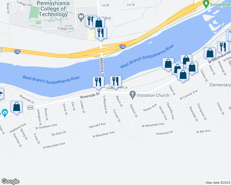 map of restaurants, bars, coffee shops, grocery stores, and more near 1825 Riverside Drive in South Williamsport