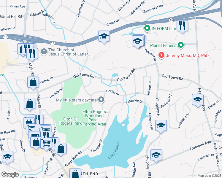 map of restaurants, bars, coffee shops, grocery stores, and more near 376 Dexter Drive in Bridgeport