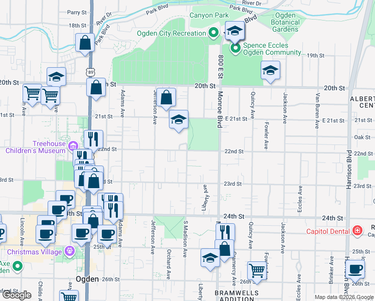 map of restaurants, bars, coffee shops, grocery stores, and more near 2198 Madison Avenue in Ogden