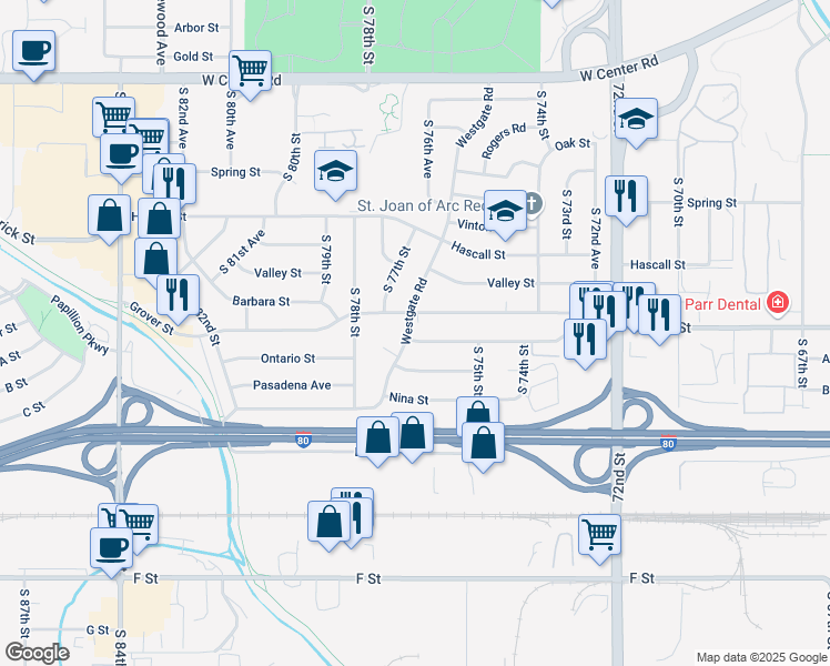 map of restaurants, bars, coffee shops, grocery stores, and more near 3433 Westgate Road in Omaha