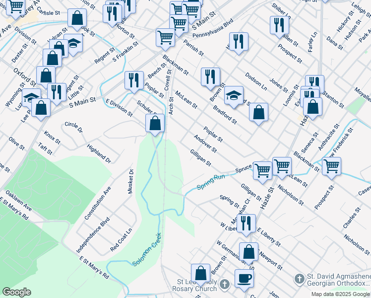 map of restaurants, bars, coffee shops, grocery stores, and more near 39 Gilligan Street in Wilkes-Barre