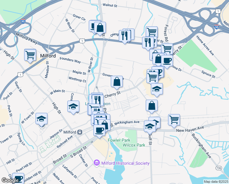 map of restaurants, bars, coffee shops, grocery stores, and more near 35 Plymouth Court in Milford
