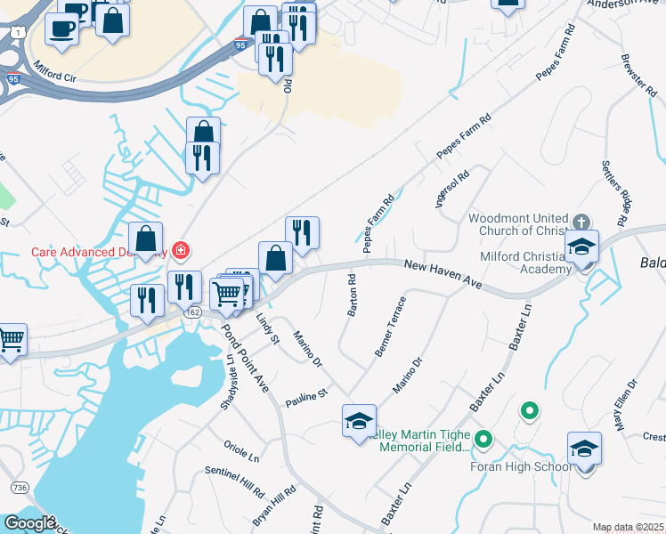 map of restaurants, bars, coffee shops, grocery stores, and more near 720 New Haven Avenue in Milford