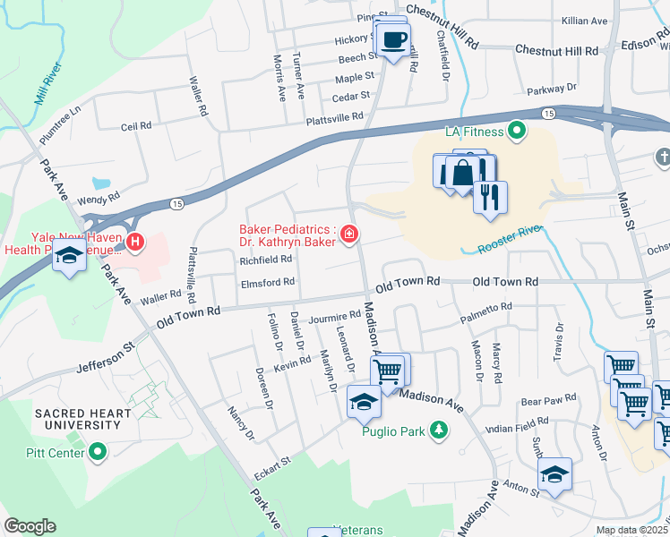 map of restaurants, bars, coffee shops, grocery stores, and more near 4141 Madison Avenue in Trumbull