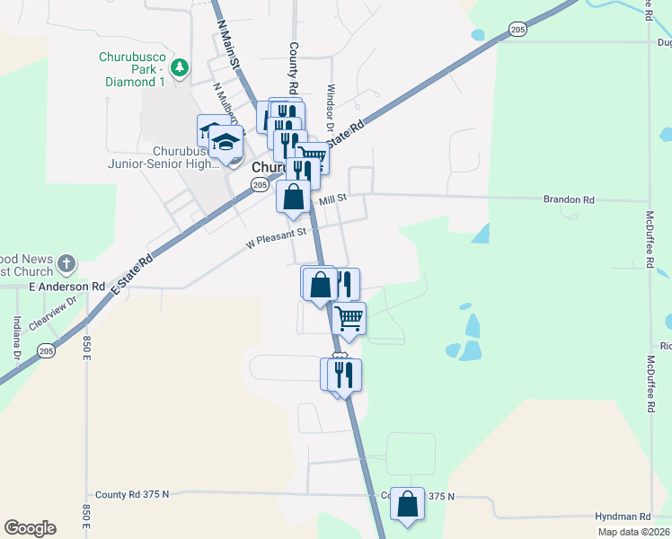 map of restaurants, bars, coffee shops, grocery stores, and more near 400-410 S Washington St in Churubusco