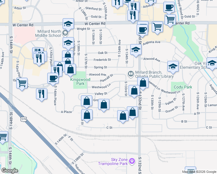 map of restaurants, bars, coffee shops, grocery stores, and more near 13517 Hascall Street in Omaha