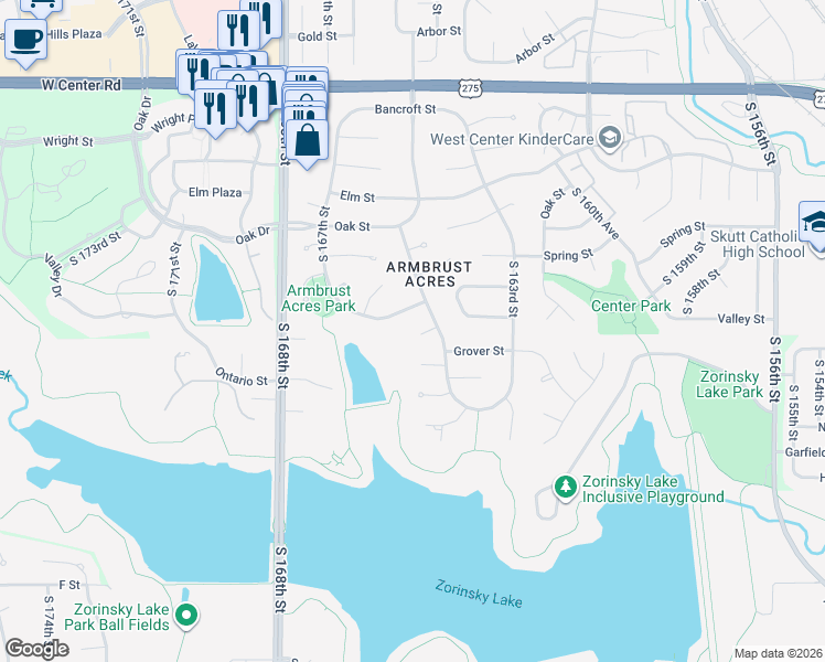 map of restaurants, bars, coffee shops, grocery stores, and more near 16572 Hascall Street in Omaha