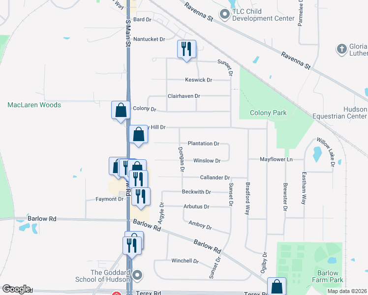 map of restaurants, bars, coffee shops, grocery stores, and more near 1501 Plantation Drive in Hudson