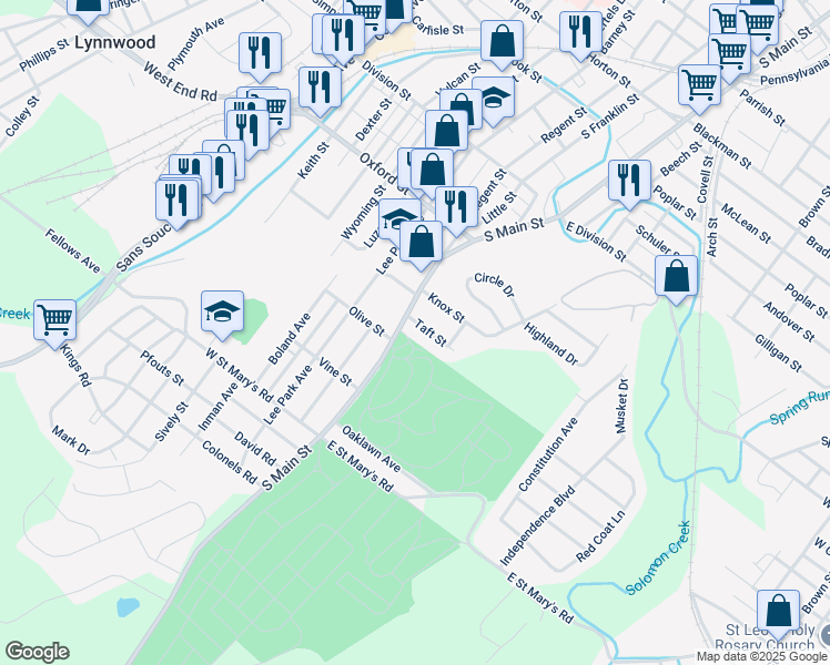 map of restaurants, bars, coffee shops, grocery stores, and more near 215 Taft Street in Wilkes-Barre
