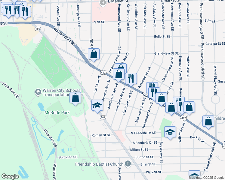 map of restaurants, bars, coffee shops, grocery stores, and more near 1040 Kenilworth Avenue Southeast in Warren