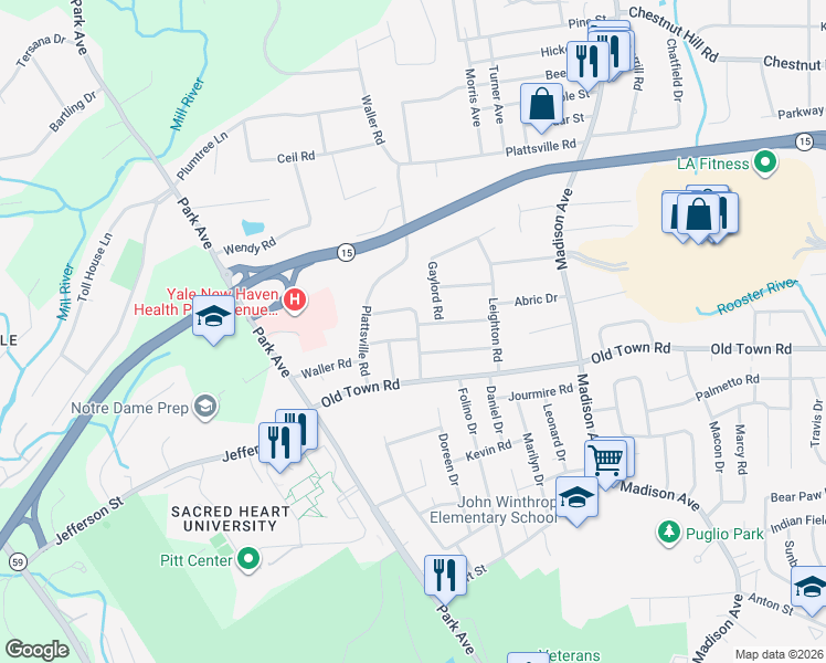 map of restaurants, bars, coffee shops, grocery stores, and more near 8 Raleigh Road in Bridgeport