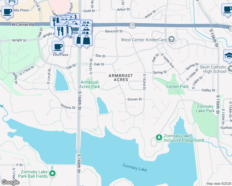 map of restaurants, bars, coffee shops, grocery stores, and more near 16572 Hascall Street in Omaha