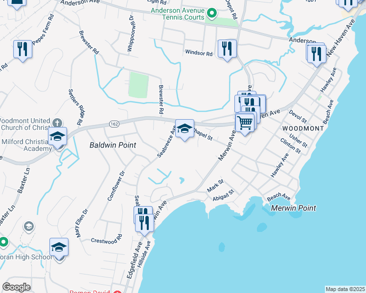 map of restaurants, bars, coffee shops, grocery stores, and more near 240 Chapel Street in Milford