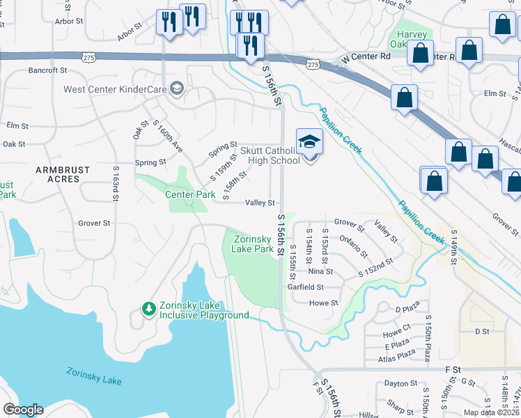 map of restaurants, bars, coffee shops, grocery stores, and more near 15712 Valley Street in Omaha