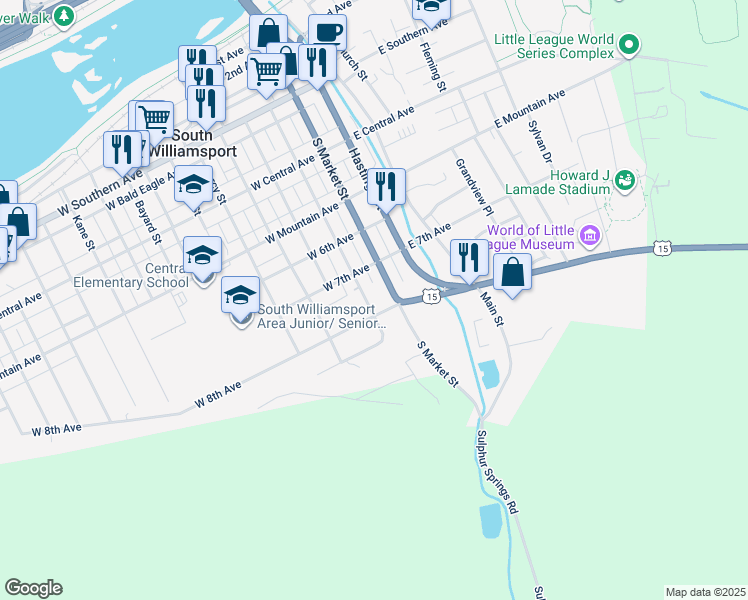 map of restaurants, bars, coffee shops, grocery stores, and more near 701-729 S Howard St in South Williamsport