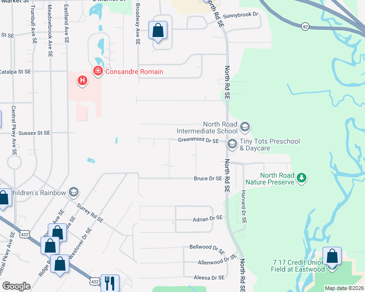 map of restaurants, bars, coffee shops, grocery stores, and more near 4045 Greenmont Drive Southeast in Warren
