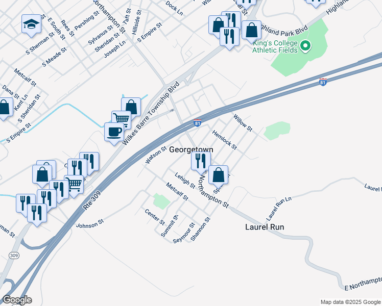 map of restaurants, bars, coffee shops, grocery stores, and more near 12 South Walnut Street in Georgetown