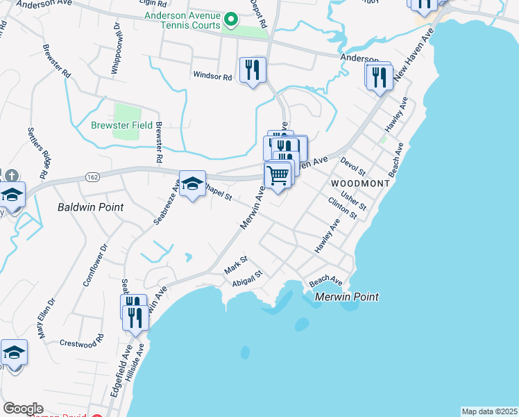 map of restaurants, bars, coffee shops, grocery stores, and more near 259 Merwin Avenue in Milford