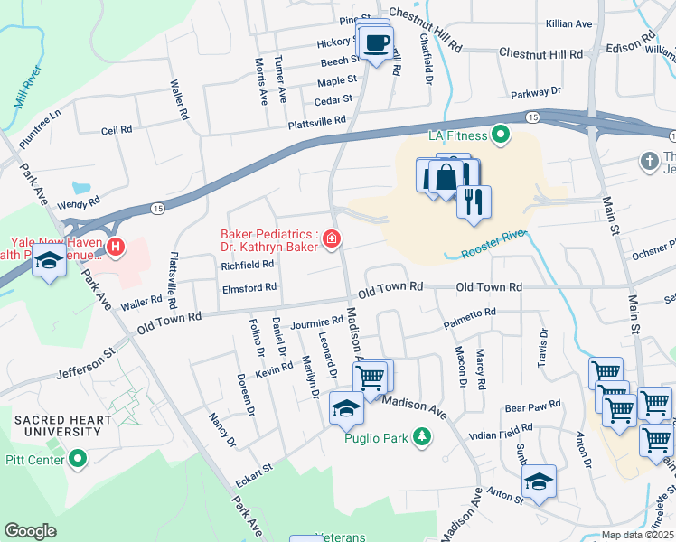 map of restaurants, bars, coffee shops, grocery stores, and more near 4141 Madison Avenue in Trumbull