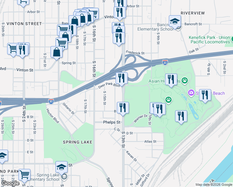 map of restaurants, bars, coffee shops, grocery stores, and more near 1315 Deer Park Boulevard in Omaha