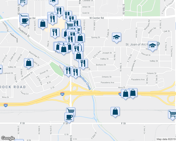map of restaurants, bars, coffee shops, grocery stores, and more near 3480 South 82nd Street in Omaha