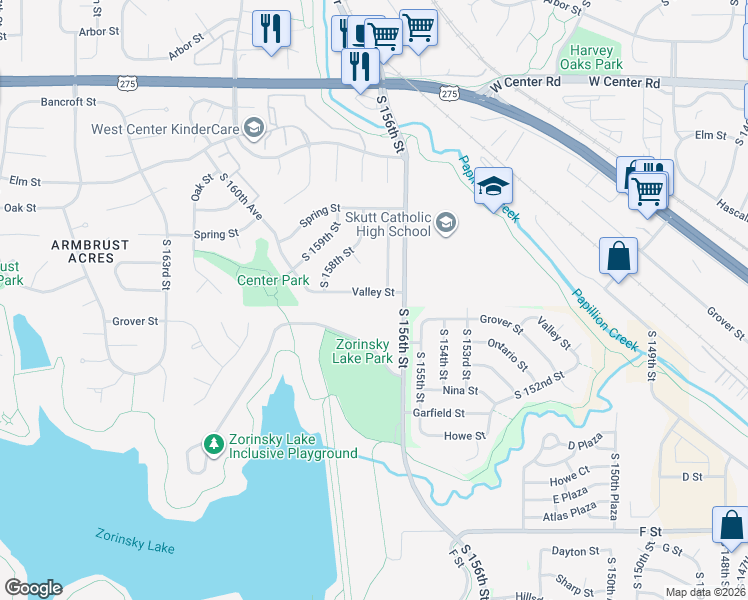map of restaurants, bars, coffee shops, grocery stores, and more near 15712 Valley Street in Omaha