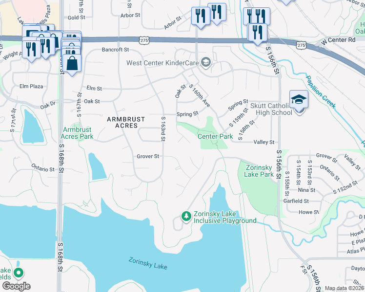 map of restaurants, bars, coffee shops, grocery stores, and more near 16206 Valley Circle in Omaha