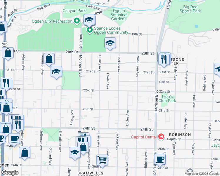 map of restaurants, bars, coffee shops, grocery stores, and more near 948 East 22nd Street in Ogden