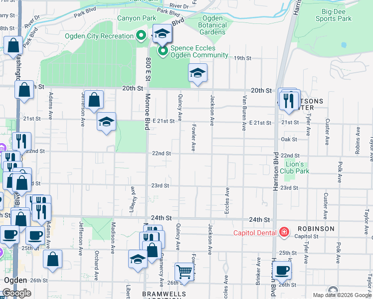 map of restaurants, bars, coffee shops, grocery stores, and more near 914 South 22nd Street in Ogden