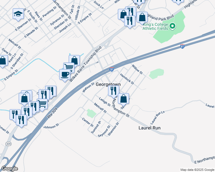 map of restaurants, bars, coffee shops, grocery stores, and more near 12 South Walnut Street in Georgetown