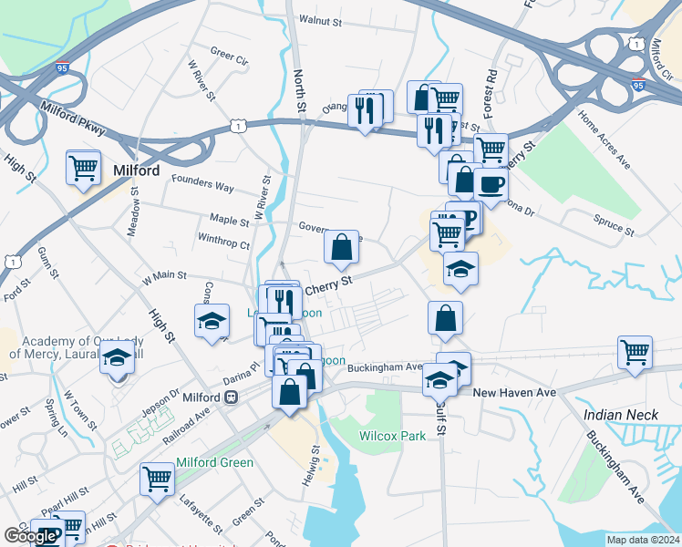 map of restaurants, bars, coffee shops, grocery stores, and more near 50 Cherry Street in Milford