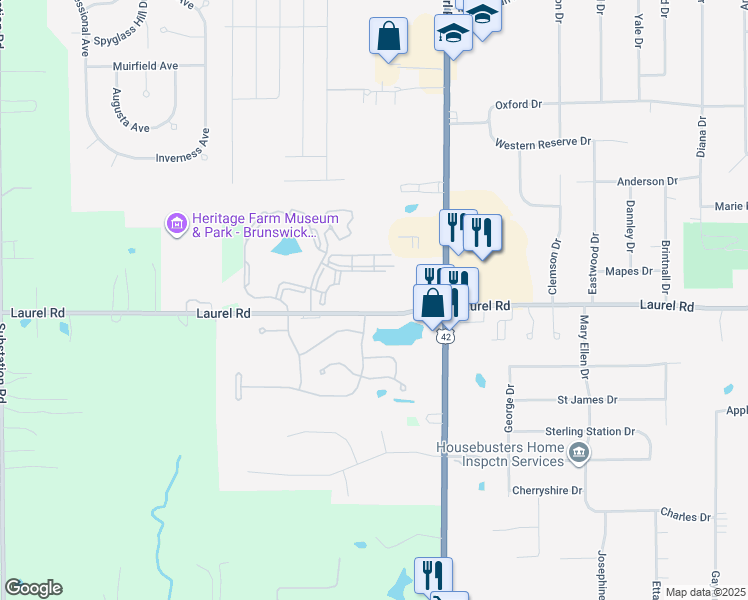 map of restaurants, bars, coffee shops, grocery stores, and more near 4401 Laurel Road in Brunswick