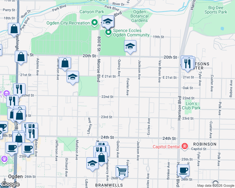 map of restaurants, bars, coffee shops, grocery stores, and more near 866 22nd Street in Ogden