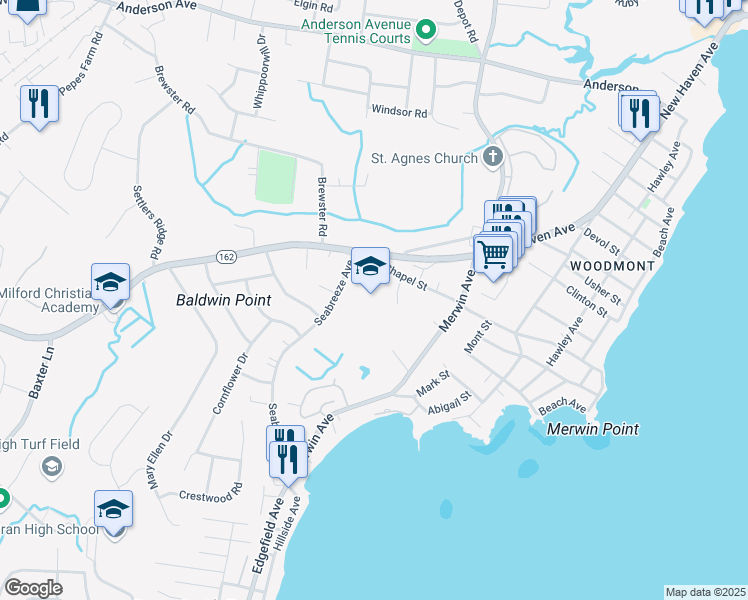 map of restaurants, bars, coffee shops, grocery stores, and more near 240 Chapel Street in Milford