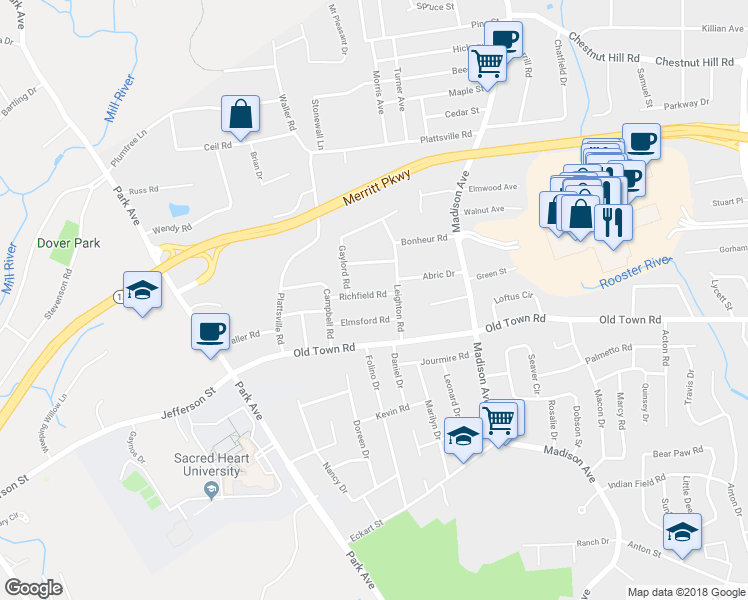 map of restaurants, bars, coffee shops, grocery stores, and more near 63 Richfield Road in Trumbull