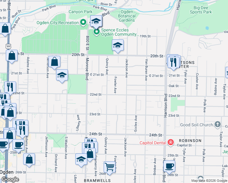 map of restaurants, bars, coffee shops, grocery stores, and more near 930 East 22nd Street in Ogden