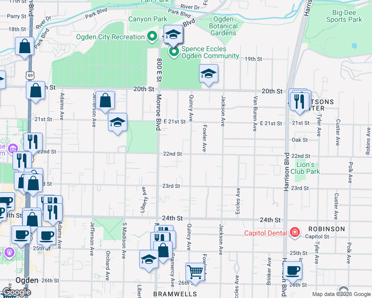 map of restaurants, bars, coffee shops, grocery stores, and more near 866 22nd Street in Ogden