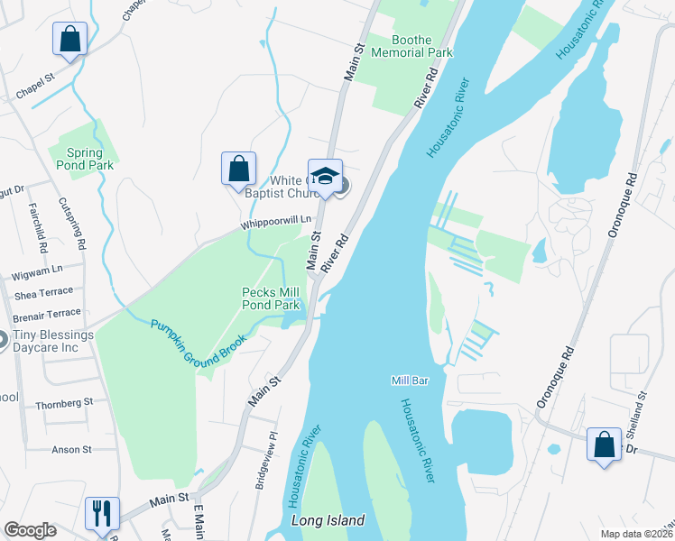 map of restaurants, bars, coffee shops, grocery stores, and more near 180 River Road in Stratford