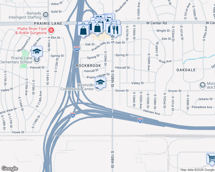 map of restaurants, bars, coffee shops, grocery stores, and more near 10825 Valley Street in Omaha