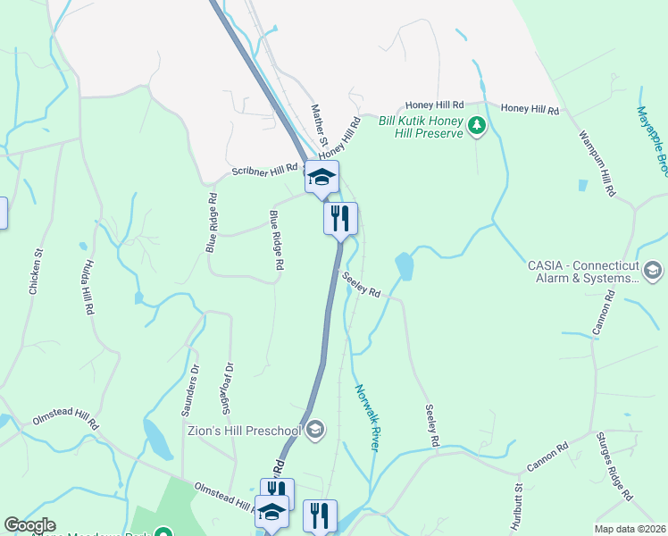 map of restaurants, bars, coffee shops, grocery stores, and more near 516 Danbury Road in Wilton